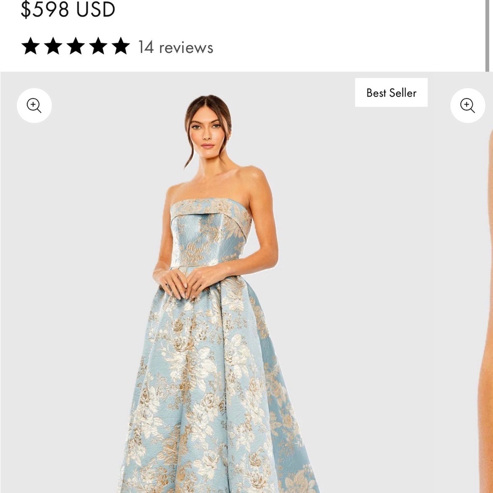 Mac Duggal Blue and Gold Strapless Midi Dress